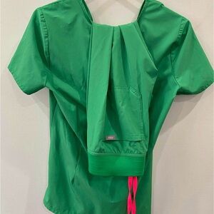 FIGS hunter Green Scrub Top and bottoms with Pink Accents